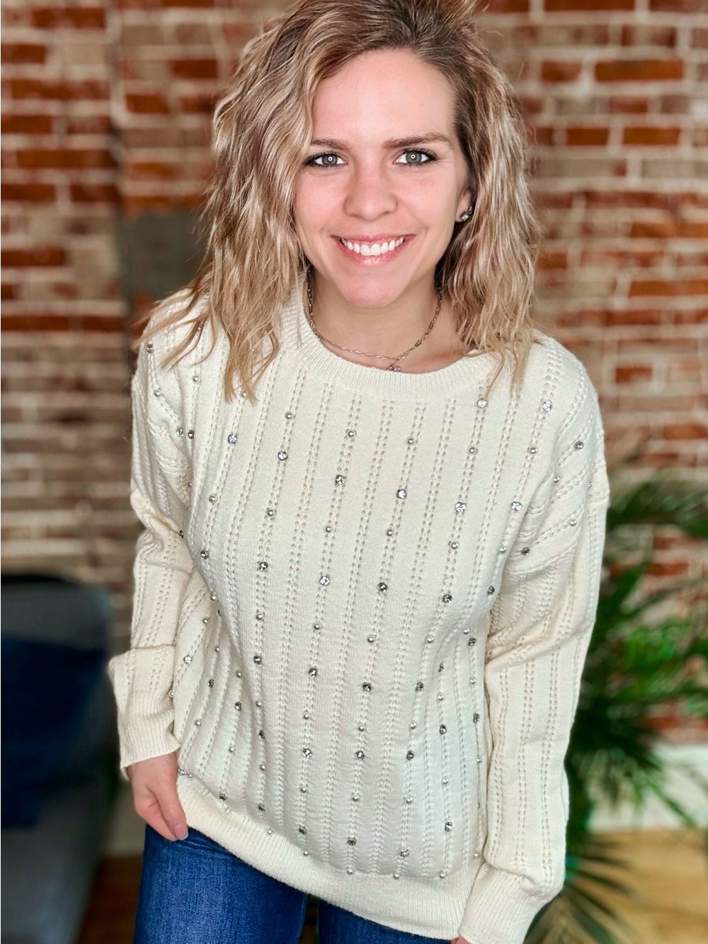 Embellished Cream Knit Sweater - Women's Long Sleeve Pullover